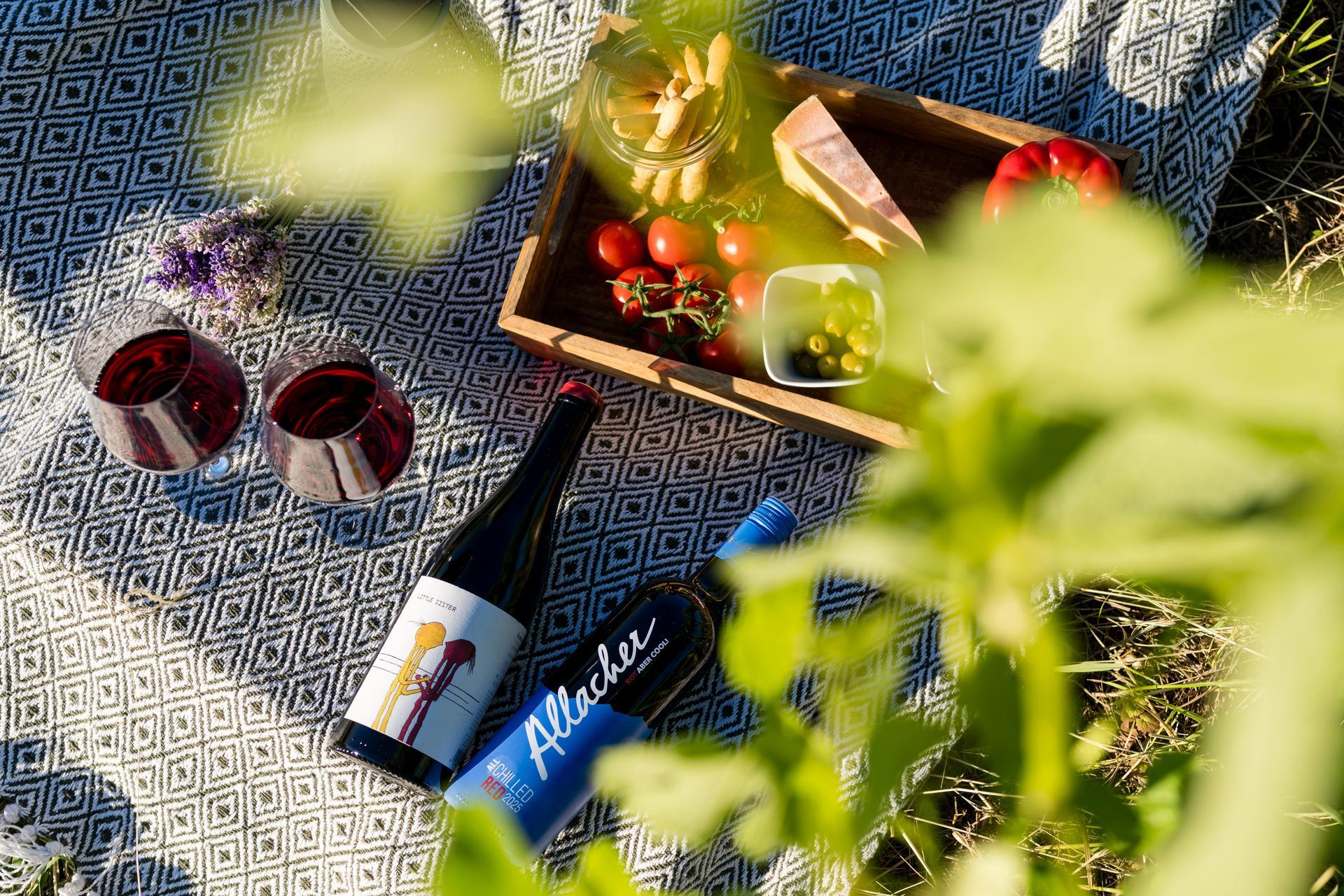 Rotwein beim Picknick im Burgenland